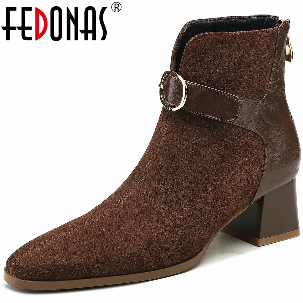 

FEDONAS Vintage Women Ankle Boots Splicing Genuine Leather Back Zipper Autumn Winter Retro Style Office Lady Basic Shoes Woman