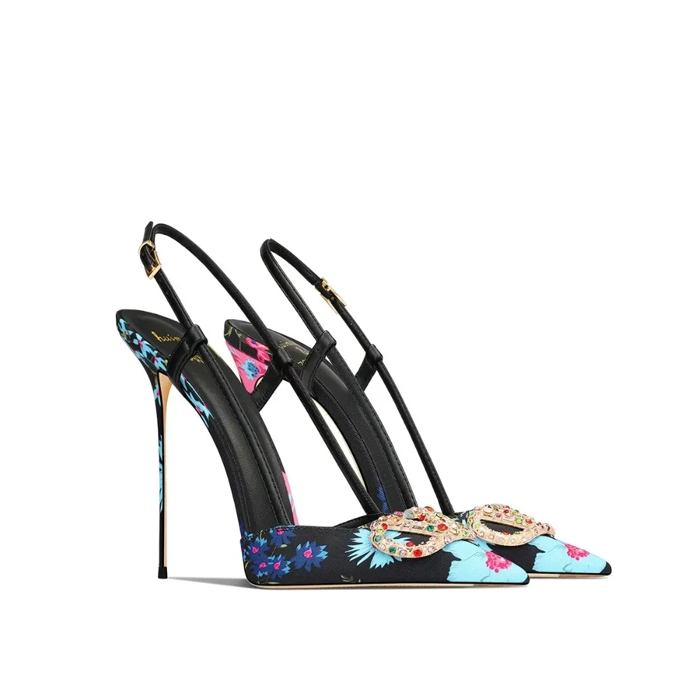 Elegantes Zapatos de Tacón de Aguja con Punta en Pico y Diseño Floral Negro para Mujer, Otoño 2026, Nuevo Diseño