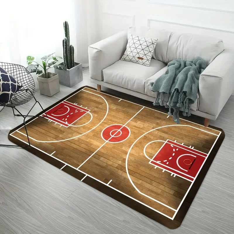 

Sports Themed Area Rug, Basketball Court Motif Carpet Anti-skid and Waterproof Welcome Door Mat for Home Room Spring Decor