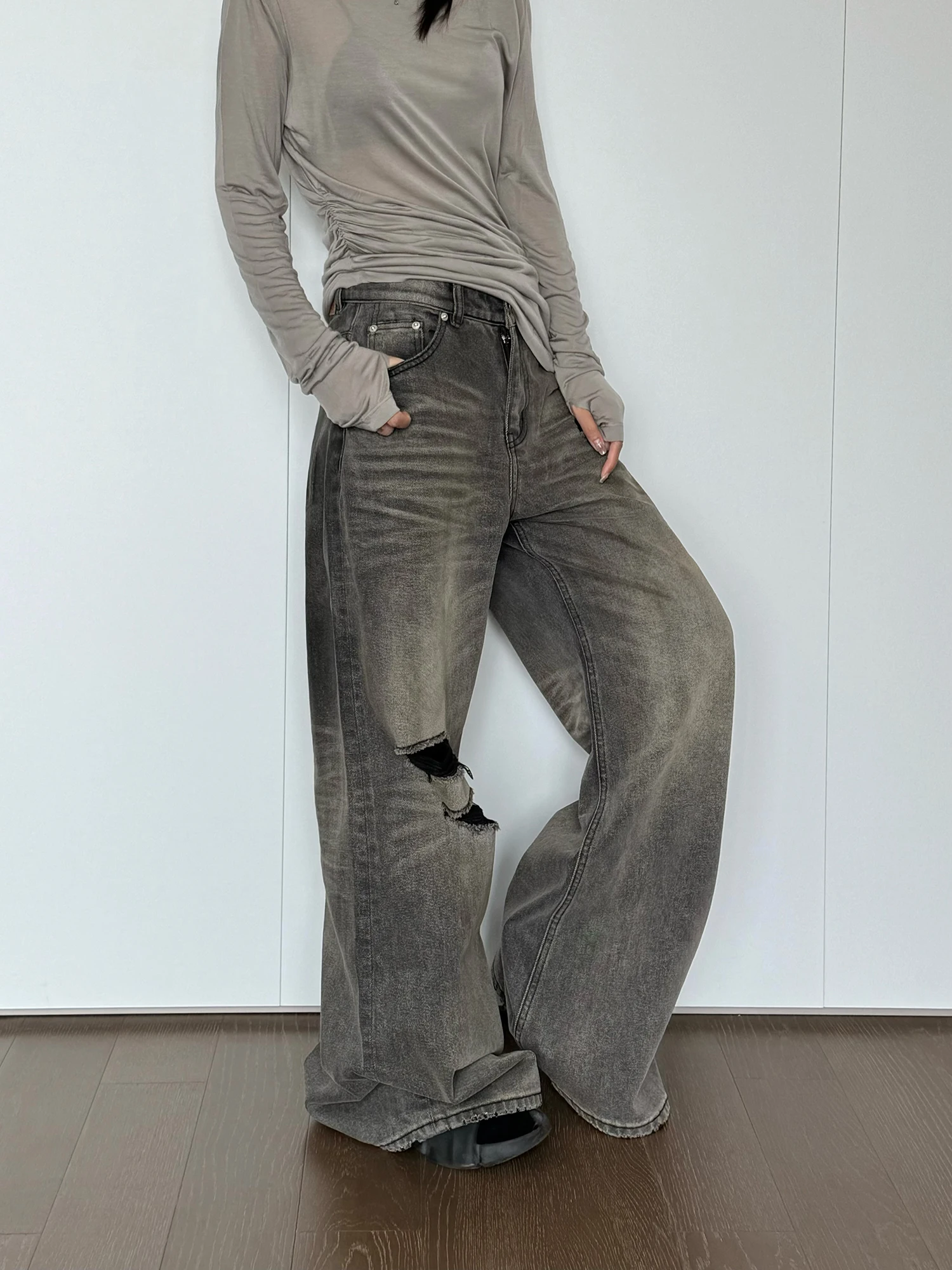 

Джинсы женские свободного кроя с эффектом выцветания, широкие штанины, повседневные, из смесового хлопка, с завышенной талией, от Aboutkeke