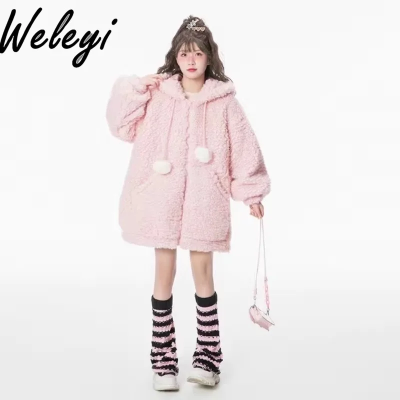 Y2K Pink Thickened Rabbit Ears Hooded Coats Woman Student Winter Loose Subculture Soft Girl Cute Lamb Plush Jacket Sweet Parkas