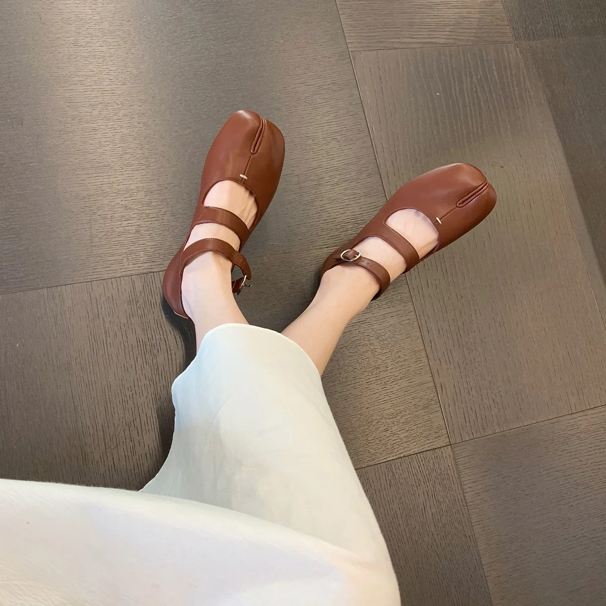 خريف نمط جديد صف مزدوج مشبك ماري جين تصميم المرأة حذاء مسطح جلد مبطن الفلين أسفل لينة مريحة الأحذية #2