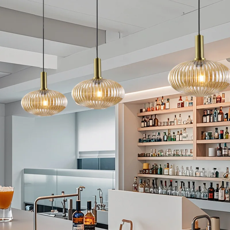 

Striped Glass E27 LED Pendant Lights Vintage Lantern Chandelier Dining Room Kitchen Bedside Hanging Lamp Home Decor Pendant Lamp