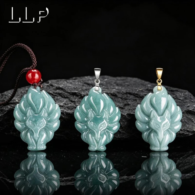 Natural Grade A Blue Water Jade Nine Tailed Fox Pendant Hand Carved Auspicious Ornament Set With 925 Silver Women's Gift