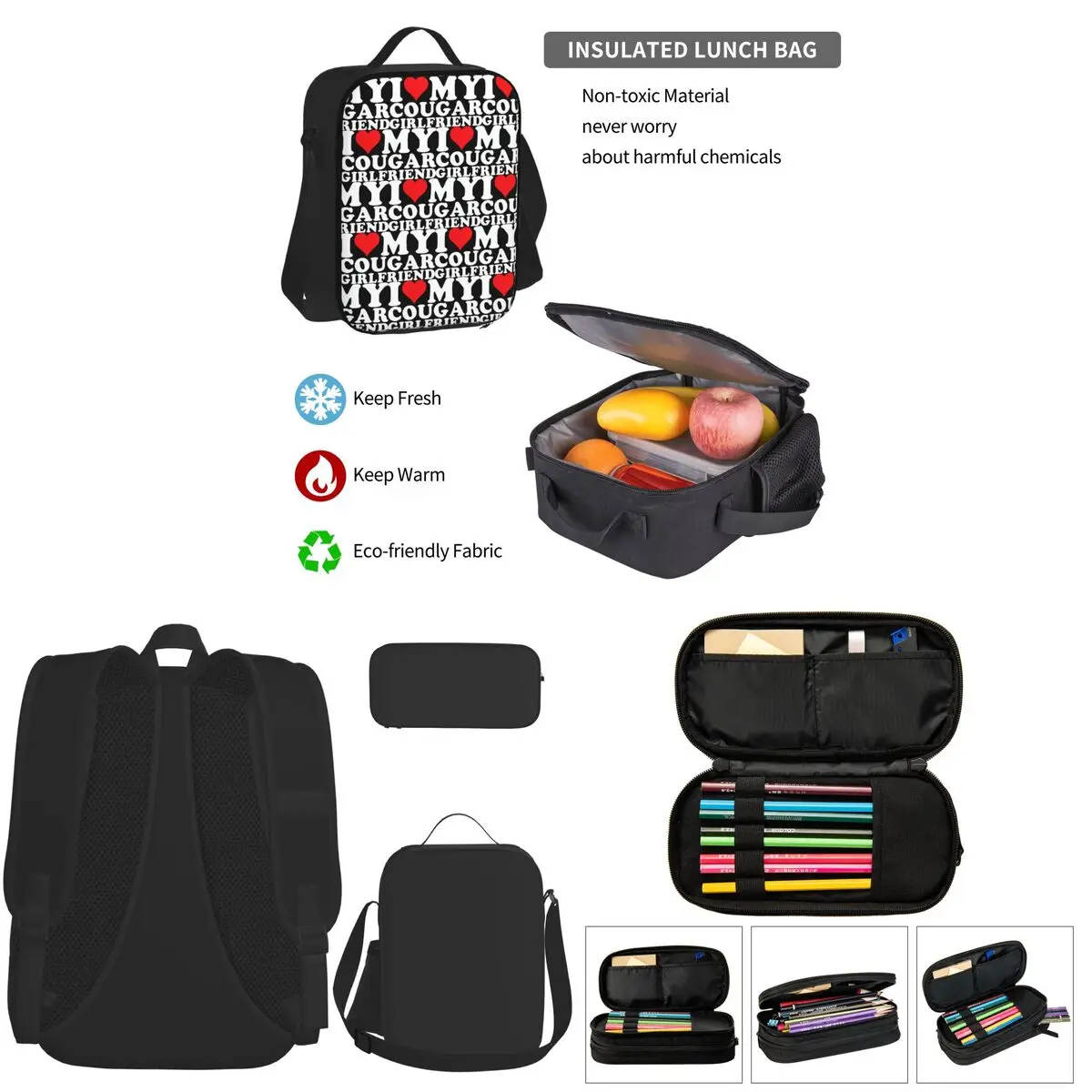 

I Love My Hot Cougar Girlfriend Backpacks Boys GirlsBookbag Students School Bags Kids Rucksack Lunch Bag Pen Bag Three-Piece Set