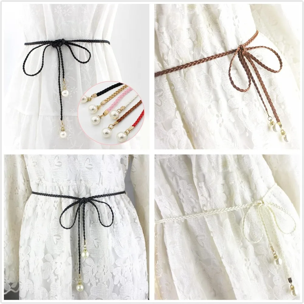 Cintura da donna intrecciata con nappe di perle Cintura in tessuto sottile per la schiena del vestito, bianco, smalto (pendente di perle