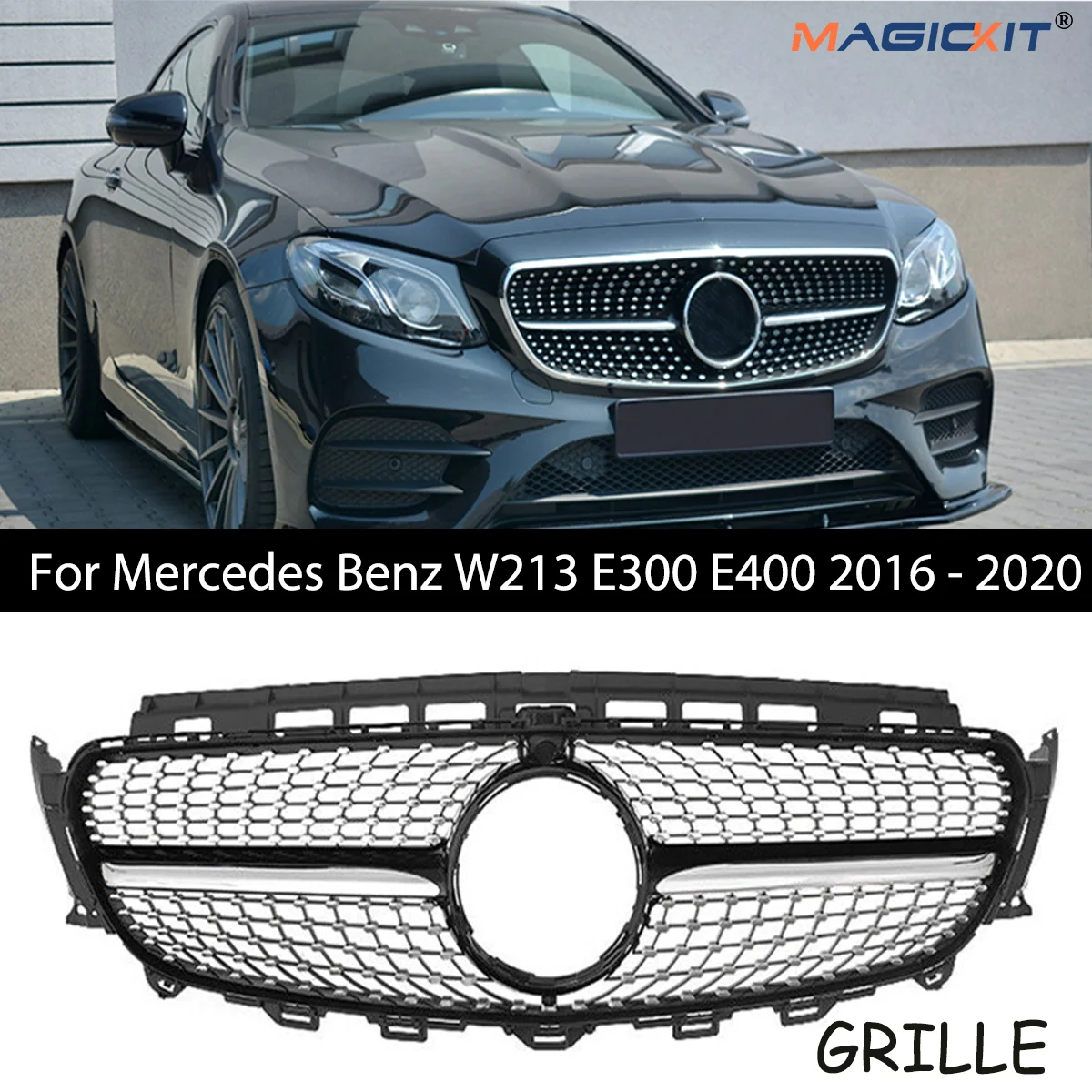 For Mercedes Benz W213 E200 E300 E400 2016-2020 Diamond Black Trim Front Grill CAR Accessories Diamond Front Grille Gloss Black