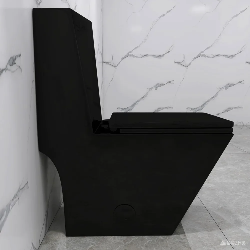 Square One Piece Toilet Black With Gold Button Modern Bathroom,Diamond-shaped Sleek Design Elonagted Rectangle 17