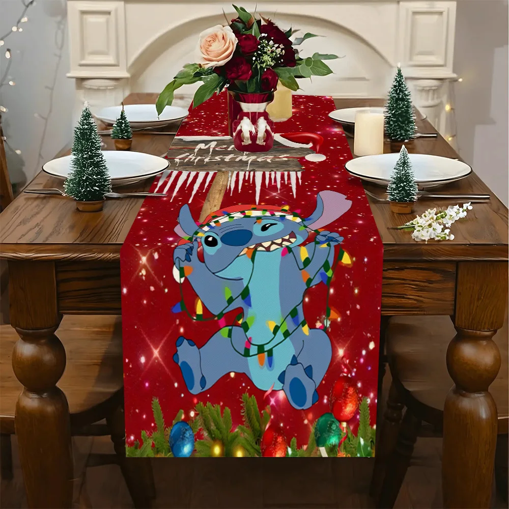 

1 Piece Disney Stitch Christmas Tablecloth - Official Red Background with Light-Up Gift Pattern, Suitable for Indoor/Outdoor Family Gatherings, Kitchen and Dining Room Decoration