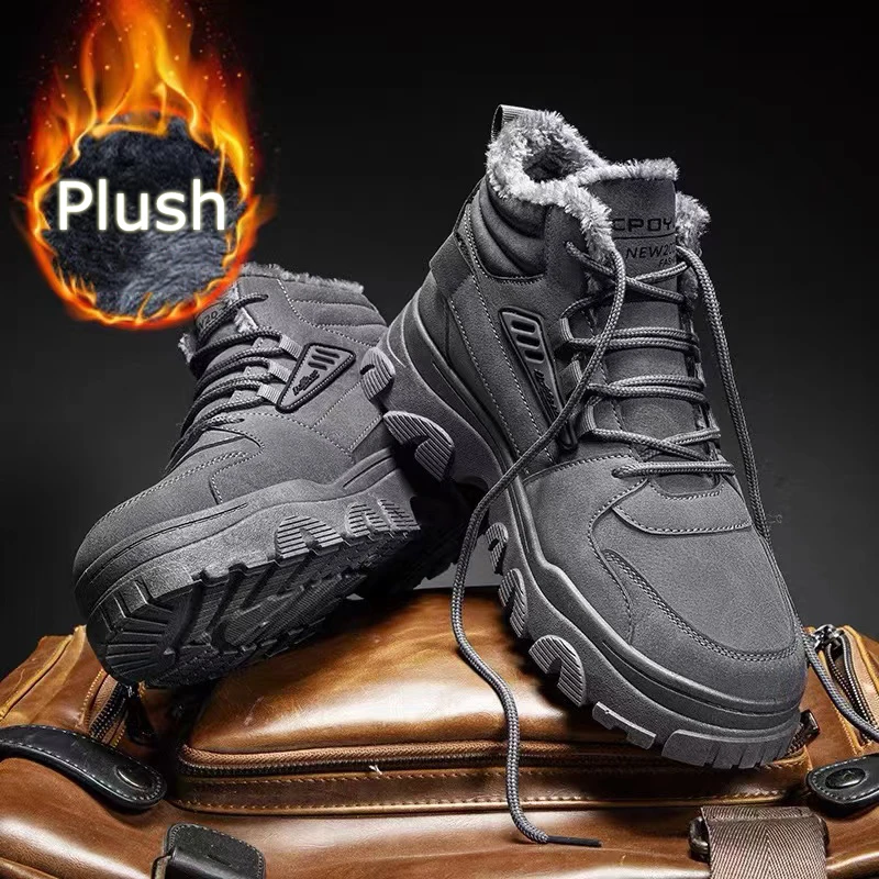 Popular Men's Plush High-top Martens Snow Boots Cotton Shoes Thickened Warm Rubber Anti-Slip Soles Walking Shoes