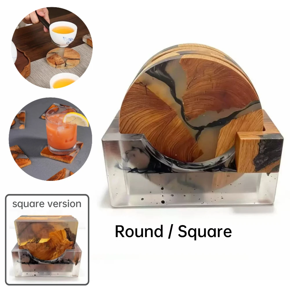 Round Square Coasters Set of 6 Including Stand Designer Coasters Made of Wood/epoxy Tabletop Coating for Drinks/Cups/Bars