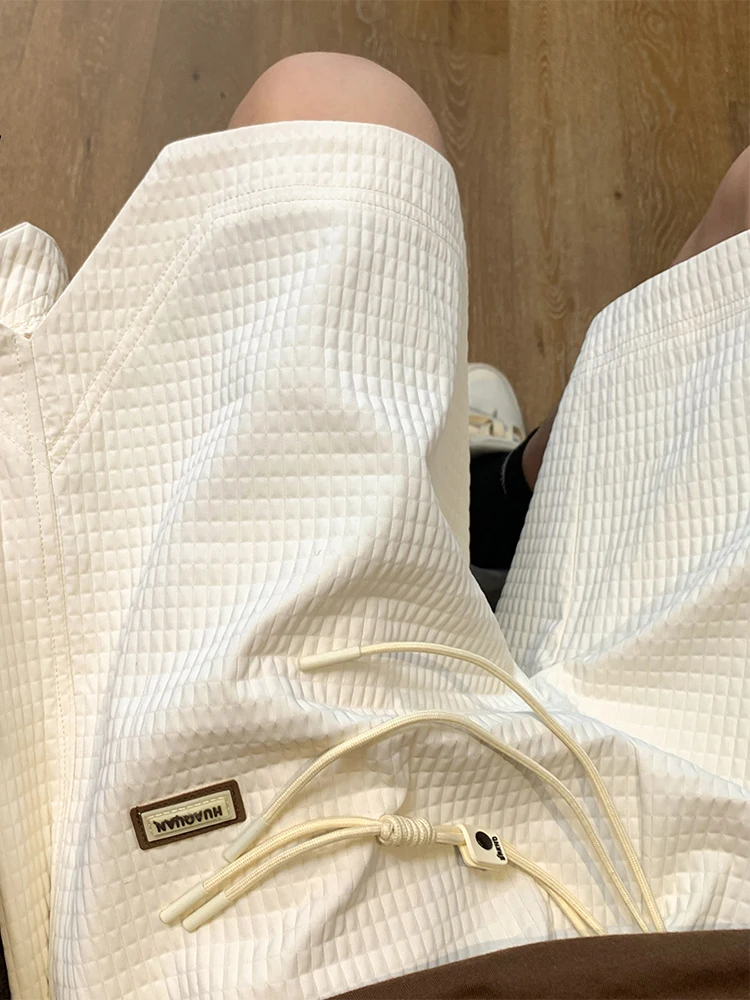

Casual Light Beige Herringbone Men's Summer High Street Sport Five-Point Loose orts Trendy Brand Cool Loose Pants