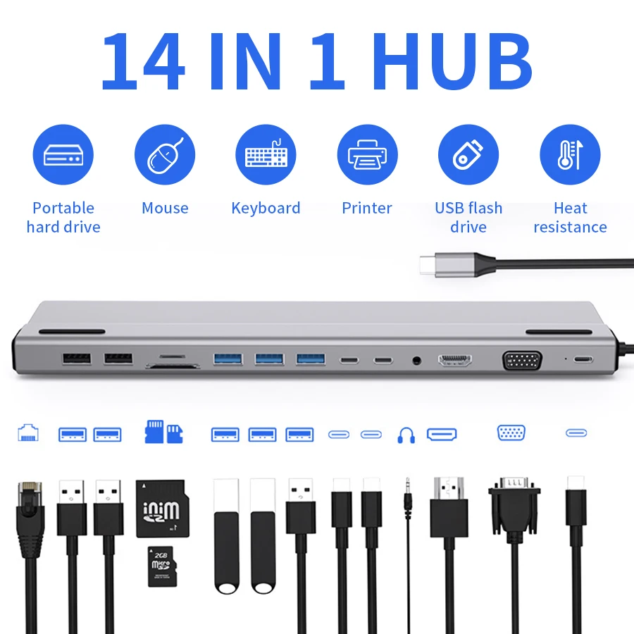 

14-in-1 Type C Hub Expansion Docking Station with HDMI RJ45 USB3.0 Port PD VGA TF/SD Card Reader Audio for iPad Laptop Notebook