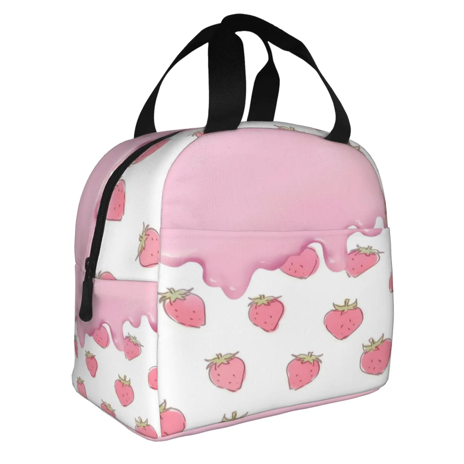 Pink Strawberry Ice Cream Pattern Insulated Lunch Box Leak-proof Thermal Cooler Lunch Bag for Men Women Kids Work Trip Picnic