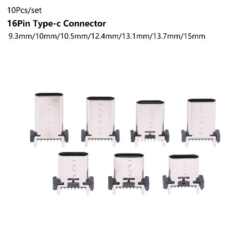 10Pcs H 9.3mm/10mm/10.5mm/12.4mm/13.1mm/13.7mm/15mm Type-C Female Socket 16Pin Vertical 180 Degree Type-C USB Connector