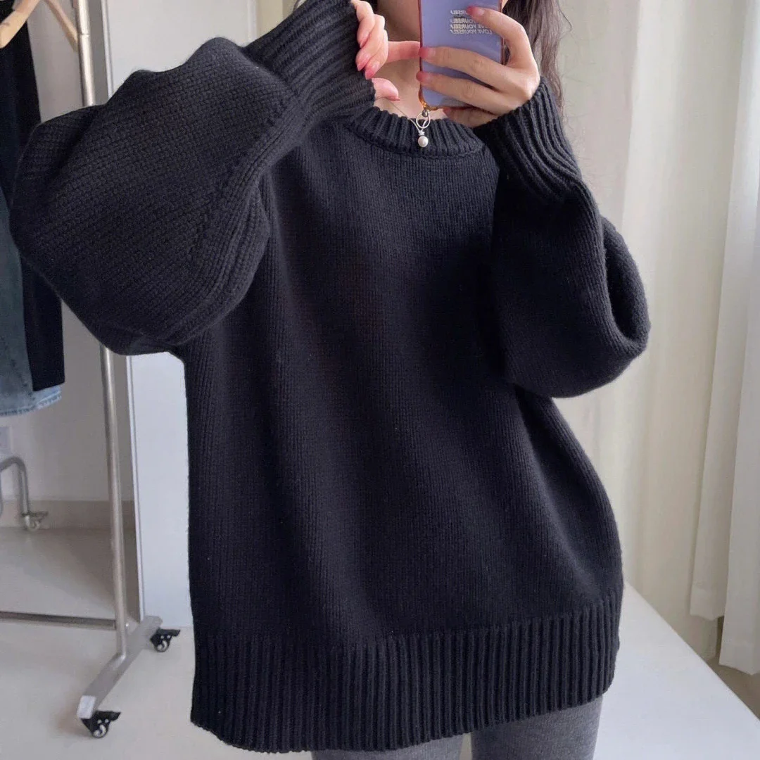 Simple Thick Crew Neck Pullover Custom-dyed Double Layered Collar Grey Navy Wool Cashmere Blend Knit Sweater for Women