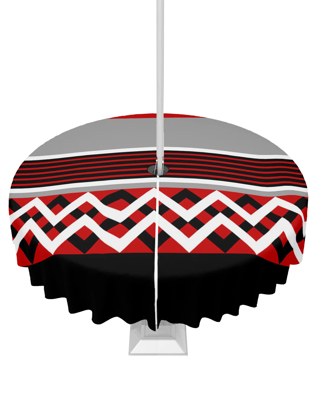 Red Black Grey Stripes Geometric Outdoor Tablecloth with Umbrella Hole Zippered Waterproof Picnic Patio Round Table Cover