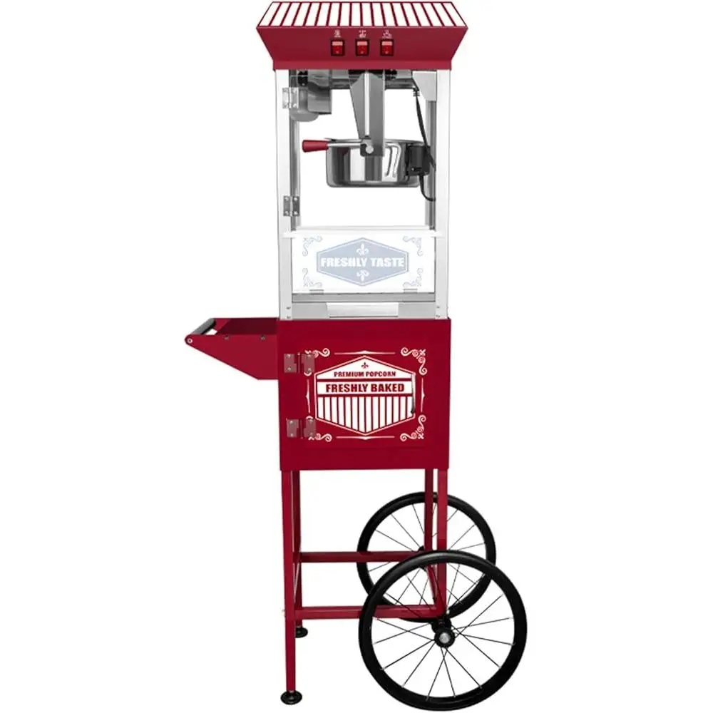 Máquina de palomitas de maíz comercial con carrito, agitador automático, fabricante de palomitas de maíz para cine, 800W, alta calidad, duradero, para fiestas y eventos