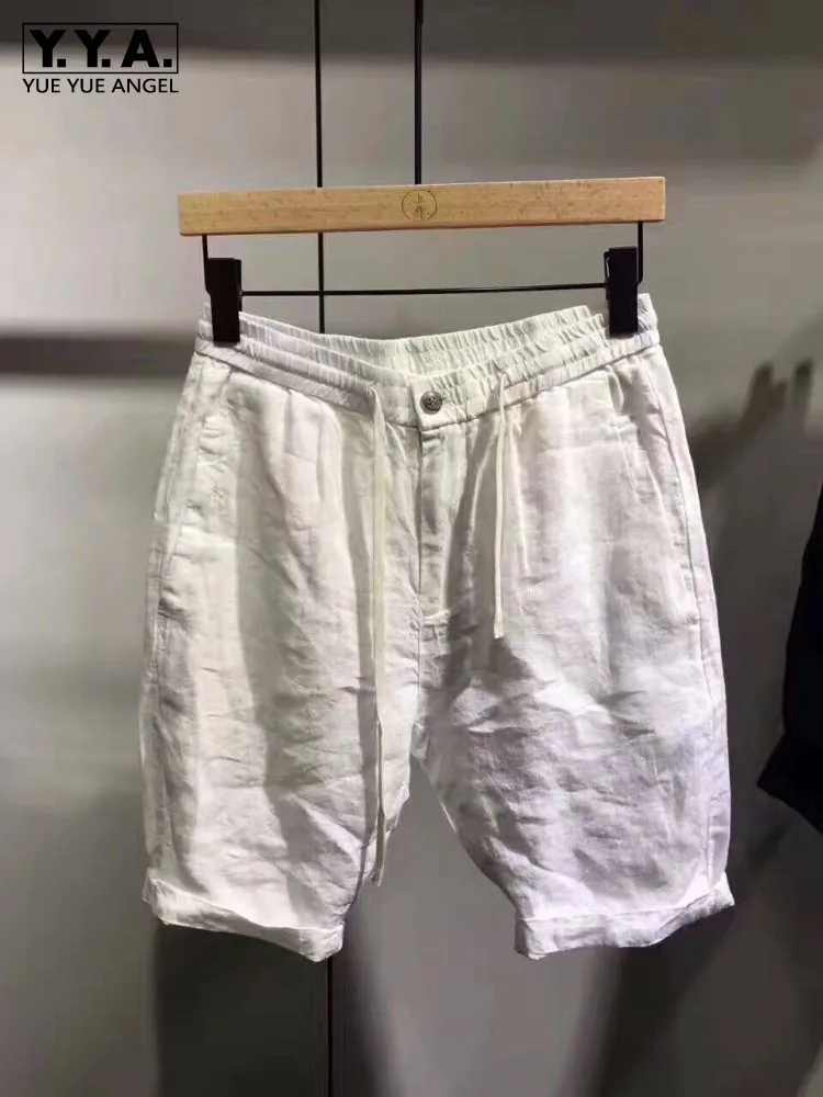 

Summer Mens Cotton Linen Knee Length Shorts Slim Fit Elastic Waist Casual Trousers Holiday Beach Shorts Streetwear Solid Colors