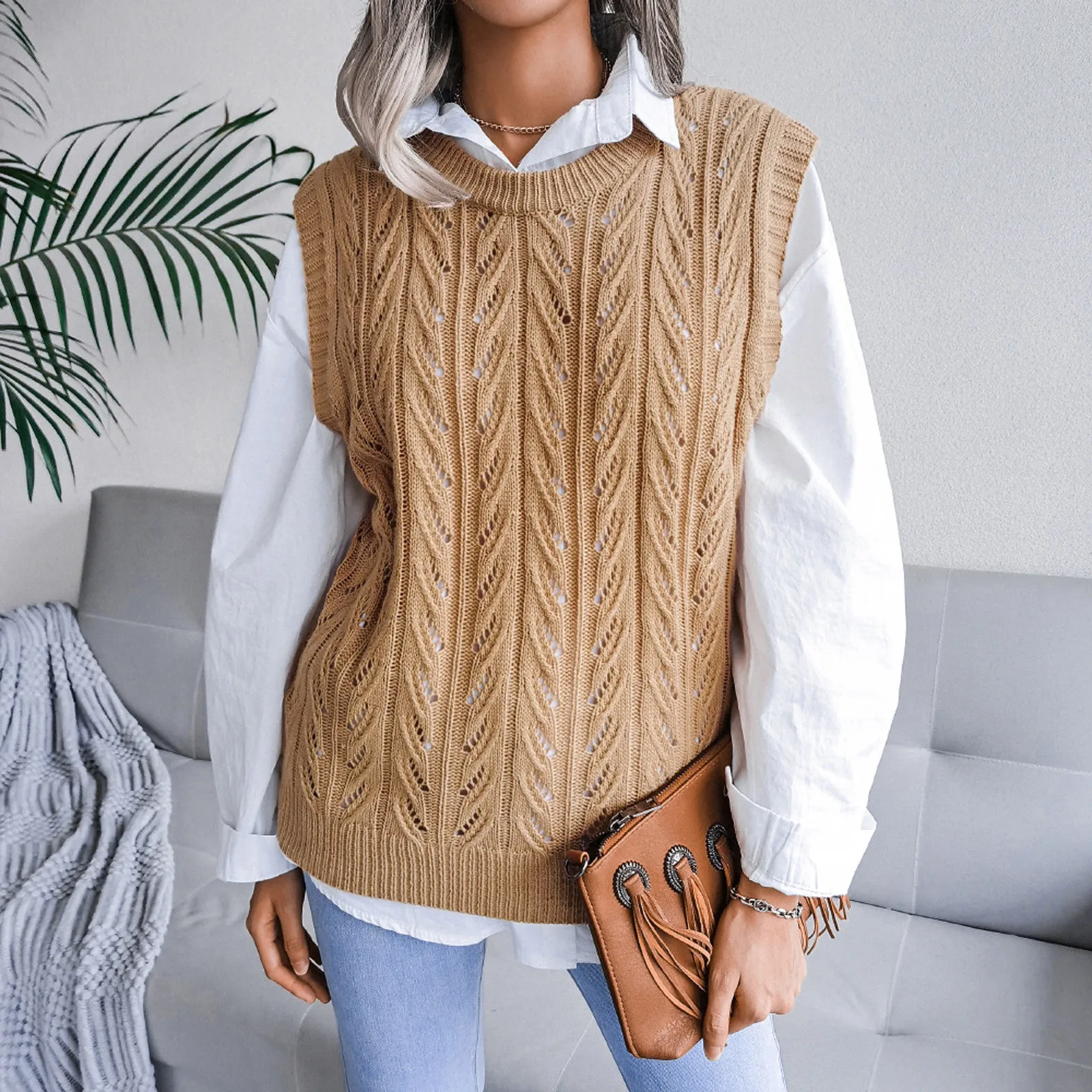 Sweater rajut wanita, rompi Sweater rajutan warna Solid musim gugur dan musim dingin Retro pola geometris leher bulat tanpa lengan