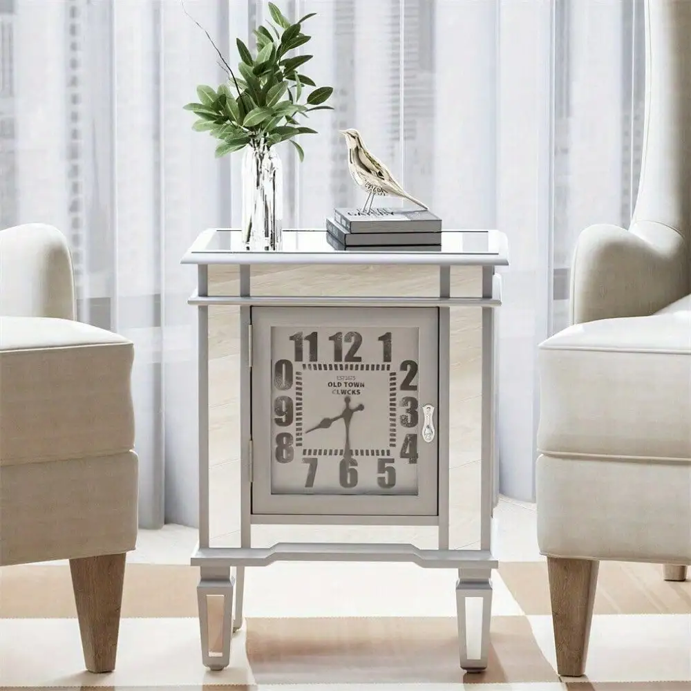 Luxury Silver Side Table Clock Mirrored Coffee Table Glass Top Living Room Decor