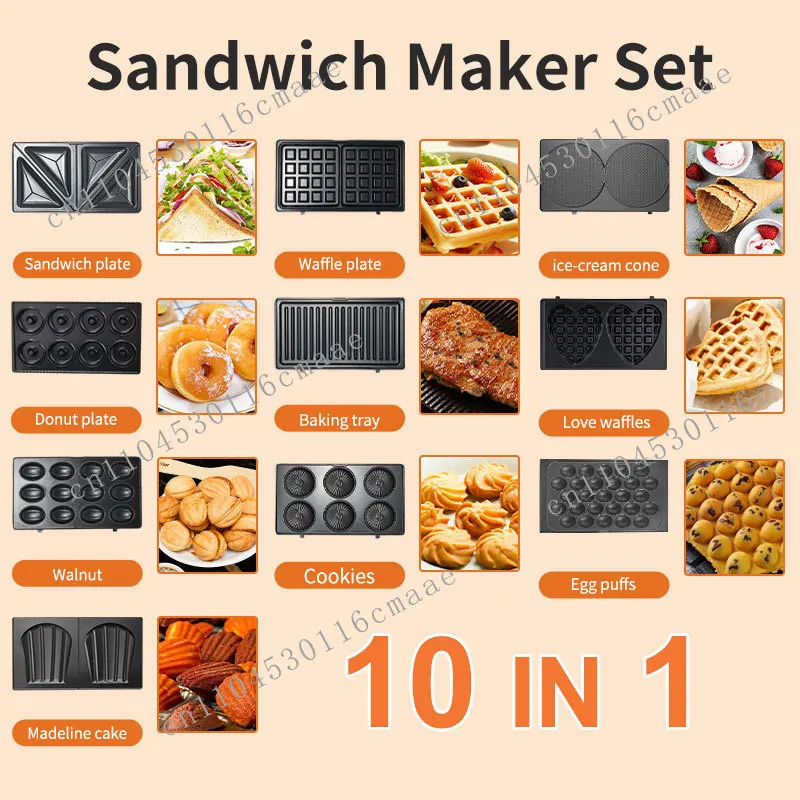 Sandwich Maker 10 in 1 Removable Breakfast Maker, Cake Nut Donut Waffle Maker