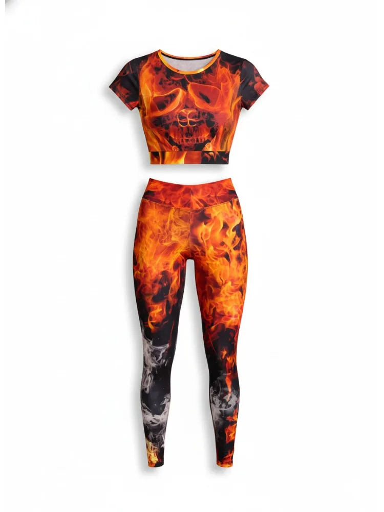 

Gymdolphin Women's Orange Black Flame Print Crop Top & High Waist Leggings 2026 Summer Stylish Fitness Set Skinny Yoga Pant Sets