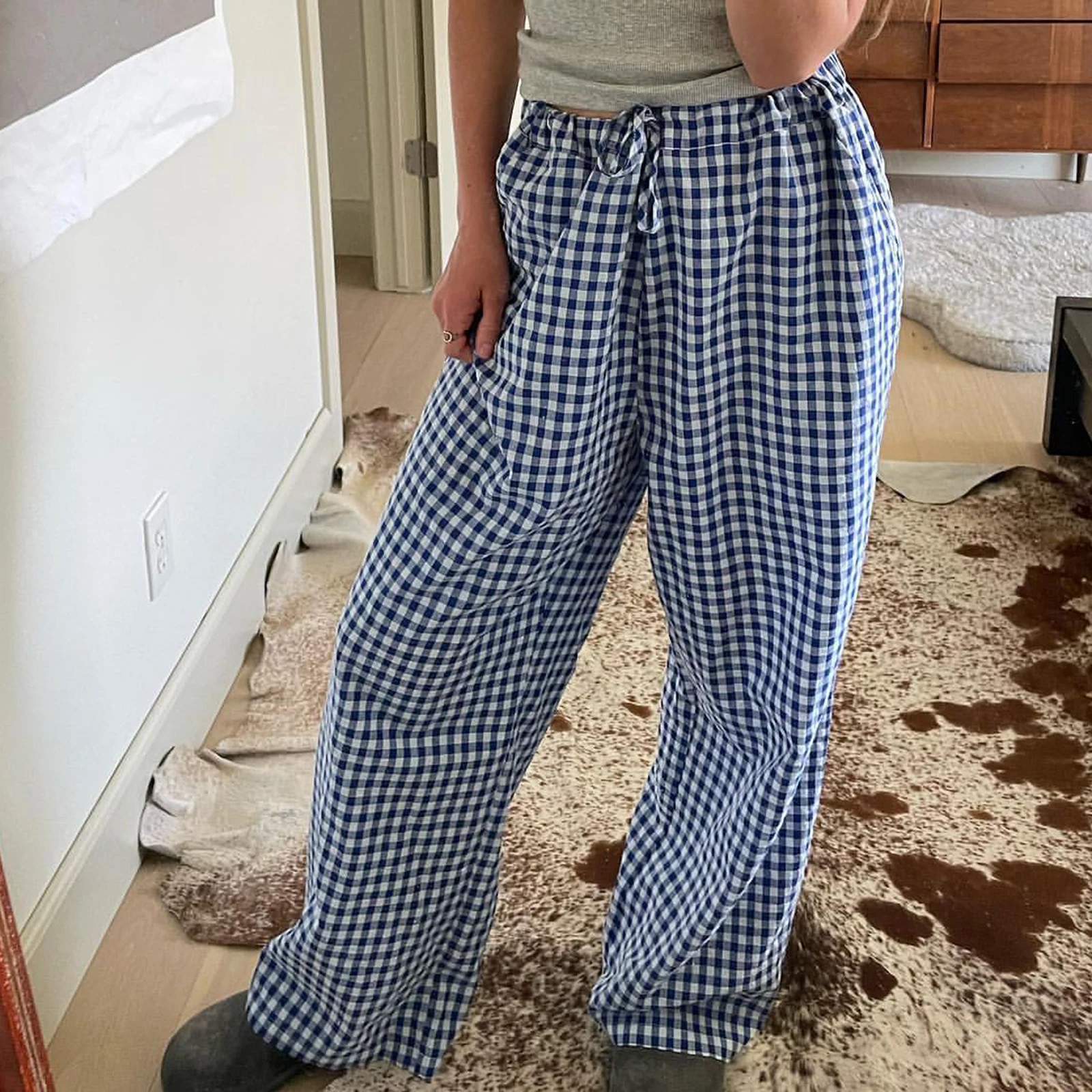 Women Wide Leg Pants Casual Loose Elastic Plaid Trousers with Pockets for Work Office Streetwear