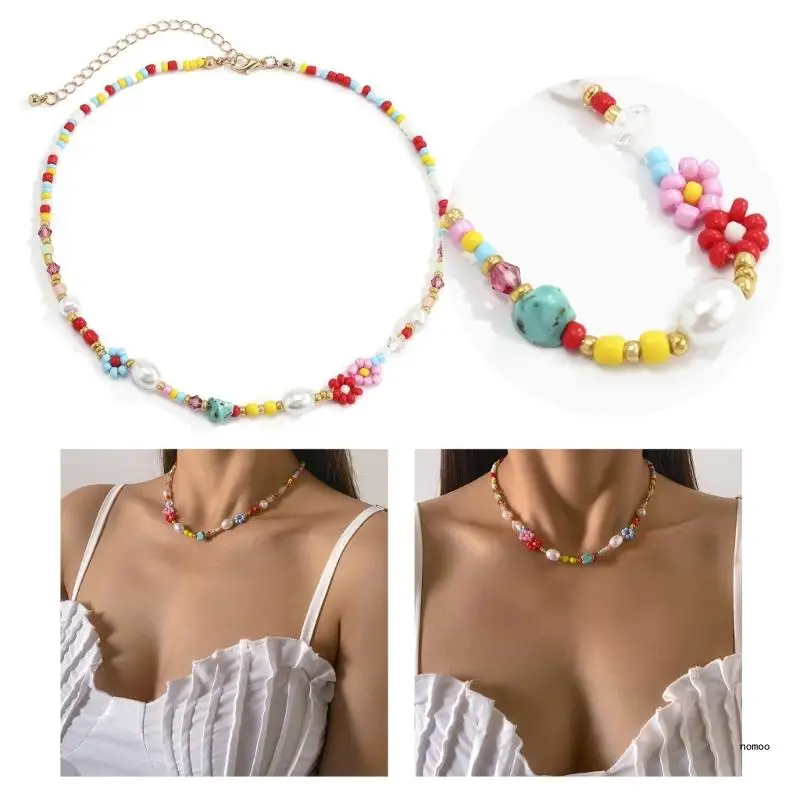 Hand-woven Small Flower Beaded Necklace Adjustable Short Clavicle Chain Imitation Pearl Choker Necklace Party Jewelry