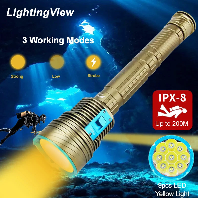 Superbright Diving Flashlight 3 Working Modes 9pcs LED Yellow White Light Metal Dive Flash Light Lamp for Catch Fish Camping