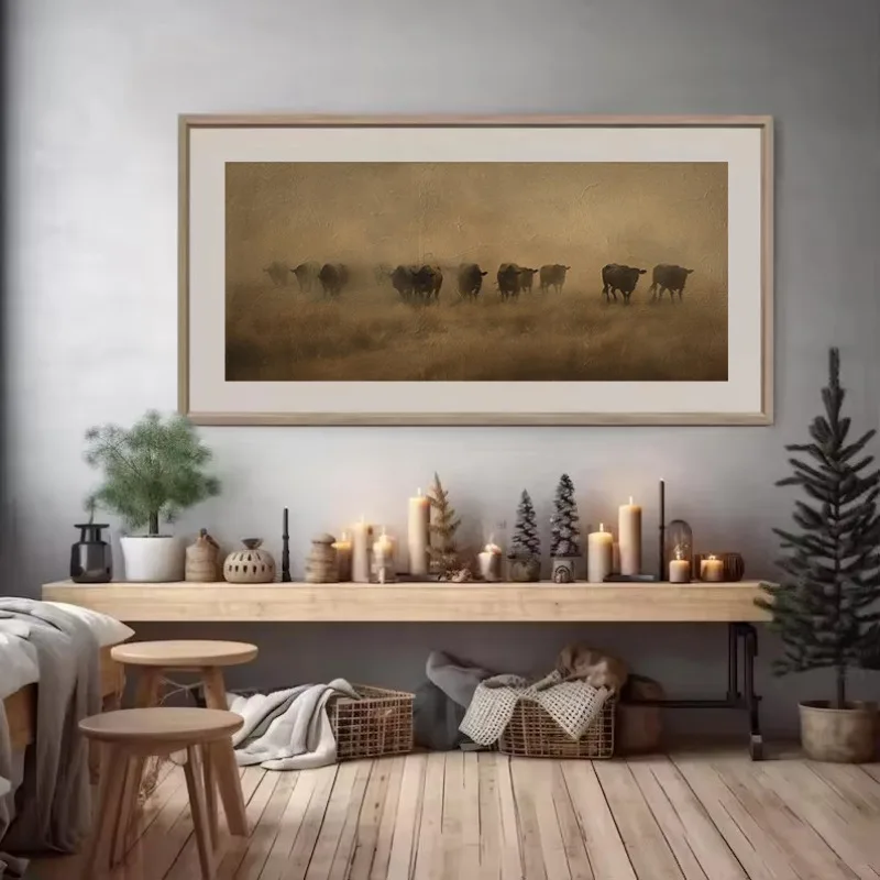 Vintage Rustic Western Cow Cattle Herd,FYak Herd in The Snow Poster Canvas Painting Wall Art Pictures Home Room Decor