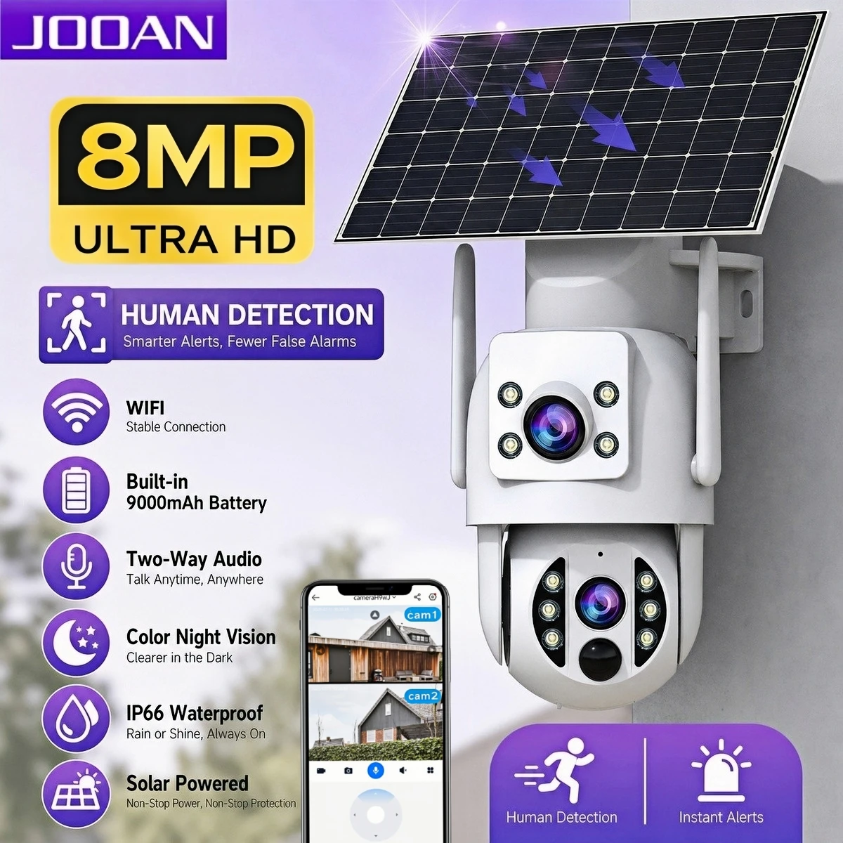 Caméra solaire WiFi JOOAN 8MP à double objectif, détection humaine en extérieur, vision nocturne, caméra à faible consommation d'énergie, protection de sécurité CCTV