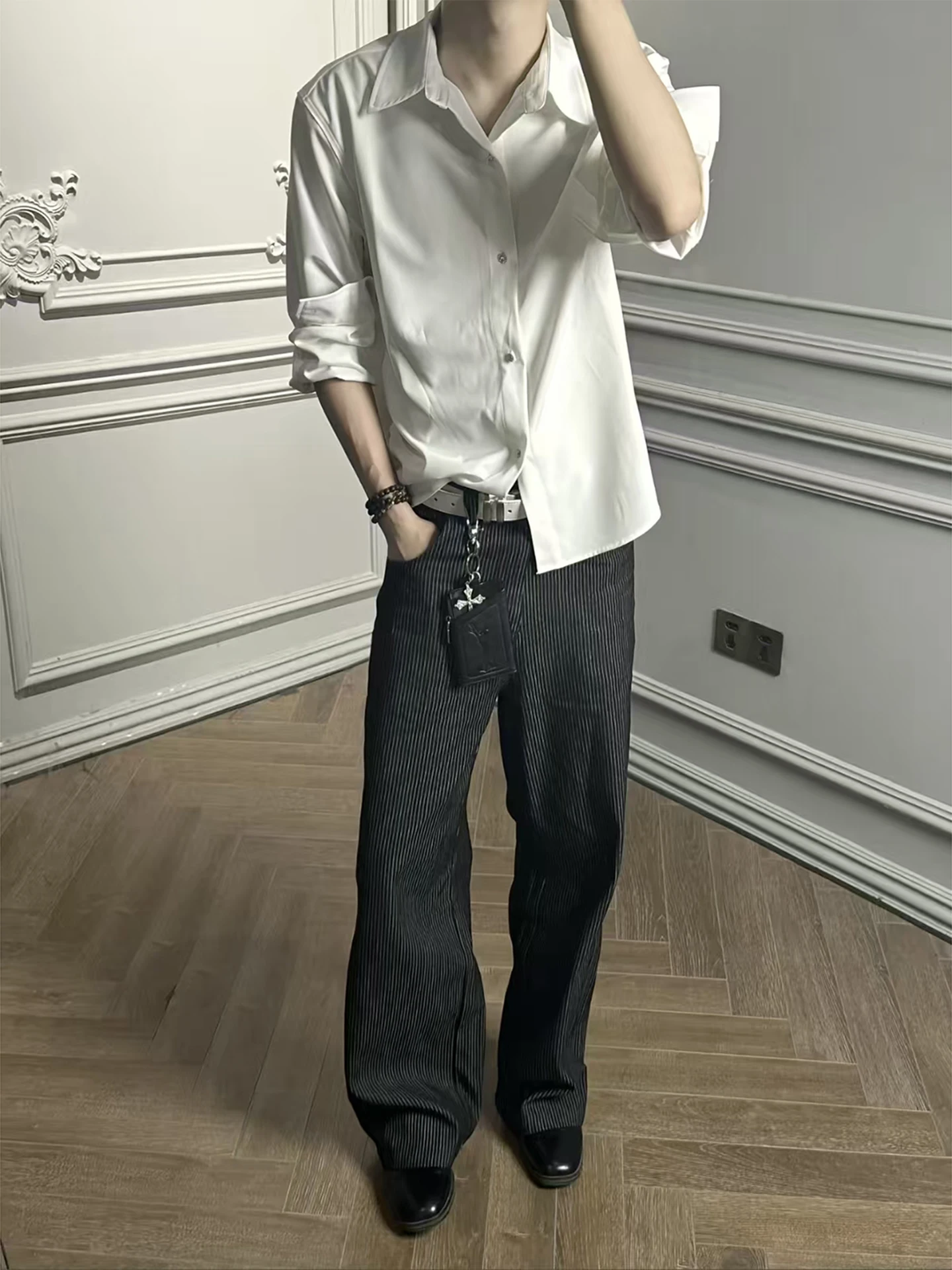 

Neapolitan Men's Long Sve White irt Autumn High-End Feeling Layering Cleanfit Drapey Outerwear Loose Fit Iron-Free Korea...