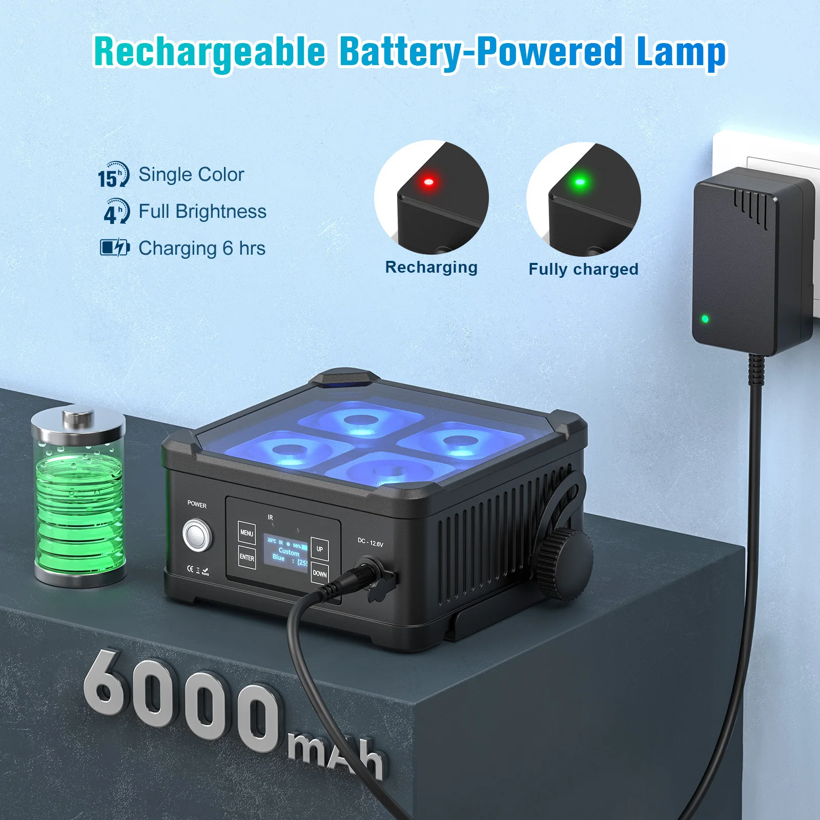 Fieryzeal 4PCS 40W Waterproof LED Par Light 4x10W RGBWA+UV Square Par Light Built-in Battery DMX Stage Light for DJ Disco Party