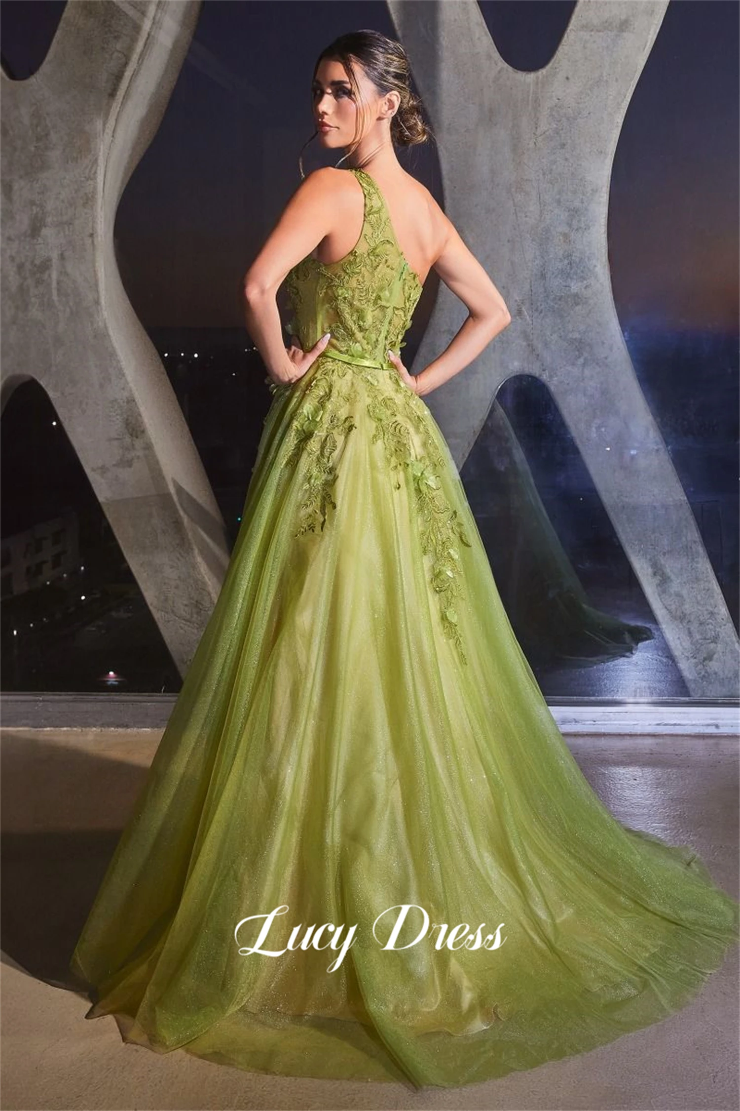 Lucy Wedding Party Al-fitr 3D Decals Graduation Gown Line A Mesh Green Evening Dresses 2024 Prom Dress Women Formal Customized