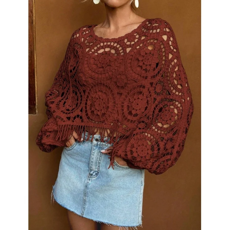 

Faionable round Ne Knitted Hook Flower Hollow Loose Bat Long Sve Air Conditioner irt Sun Protection Clothes Autumn N...