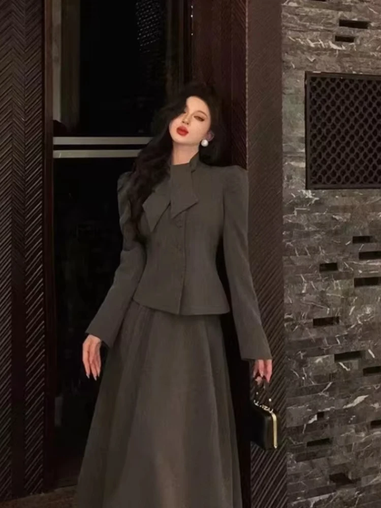 Insozkdg French Socialite High-end Skirt Suits Women Autumn Smoke Gray Jacket High-waist Skirt Two-piece Set High Quality Sweet