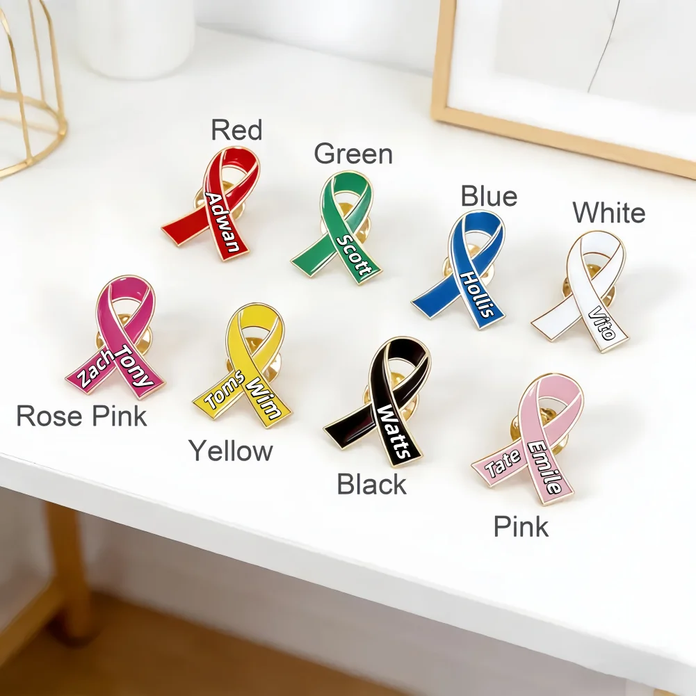 Custom Name Metal Enamel Bow Brooch Awareness Ribbon Pin for Women Men Colorful Drip Oil Badge Clothing Accessory Lapel Pin Gift