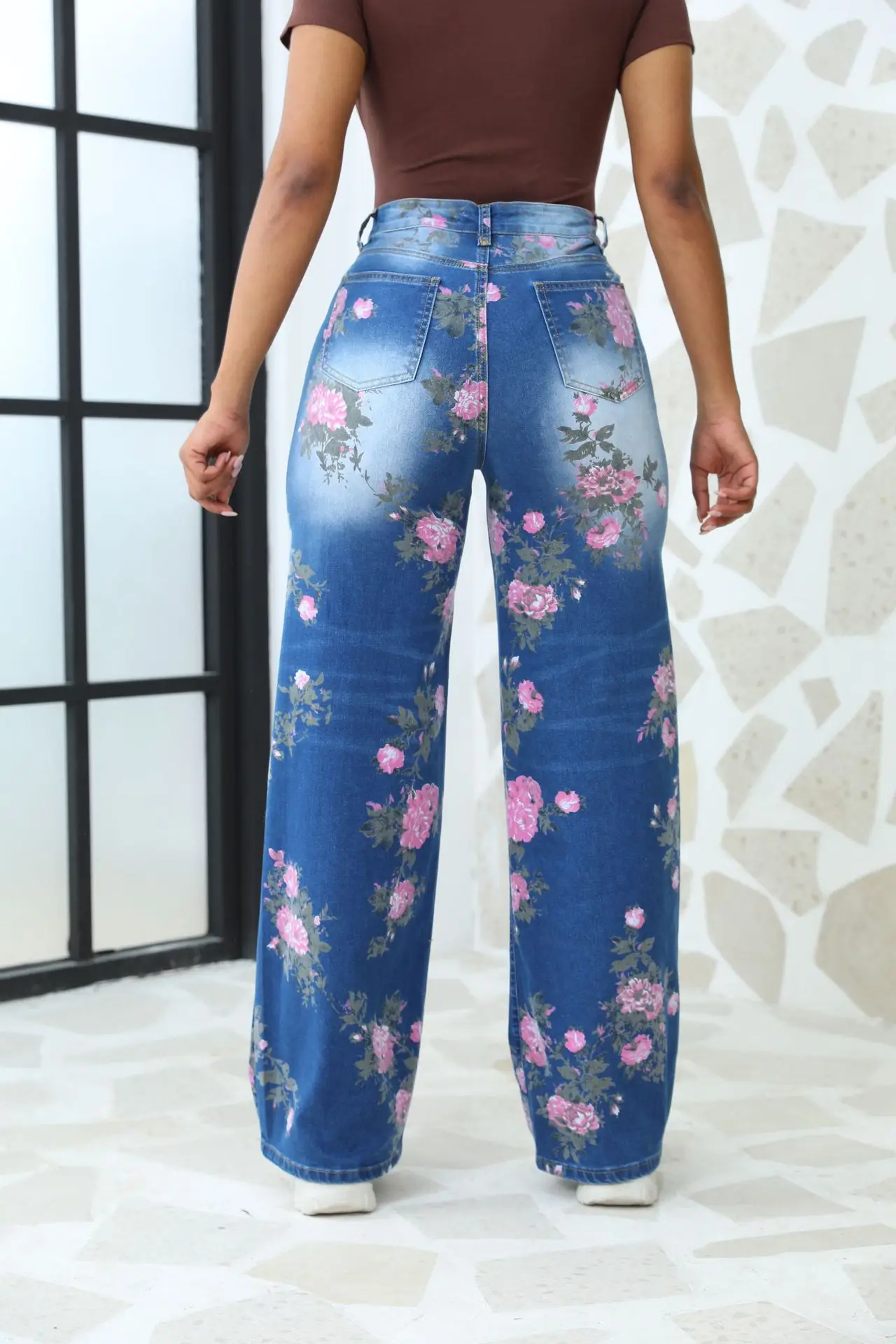 2024 Autumn New Women\'s High Waist Floral Pattern Jeans Fashionable Stretch Loose Denim Wide Leg Pants