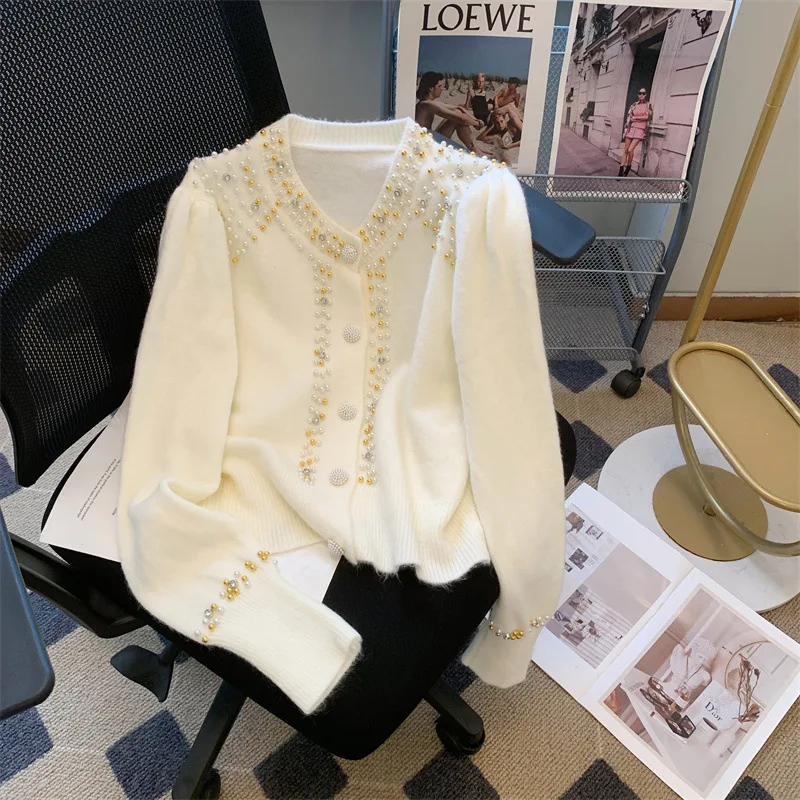 

Fashionable Beading Rhinestone Round Neck Knit Cardigans Women's Elegant Chic Single Breasted Long Sleeve Sweater Versatile Tops