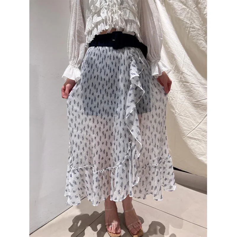 WAKUTA Irregular Plaid Slim Fit Mujer Faldas 2024 Spring Mid-length Chiffon Jupe Japanese Ruffle High Waist Pleated Skirts