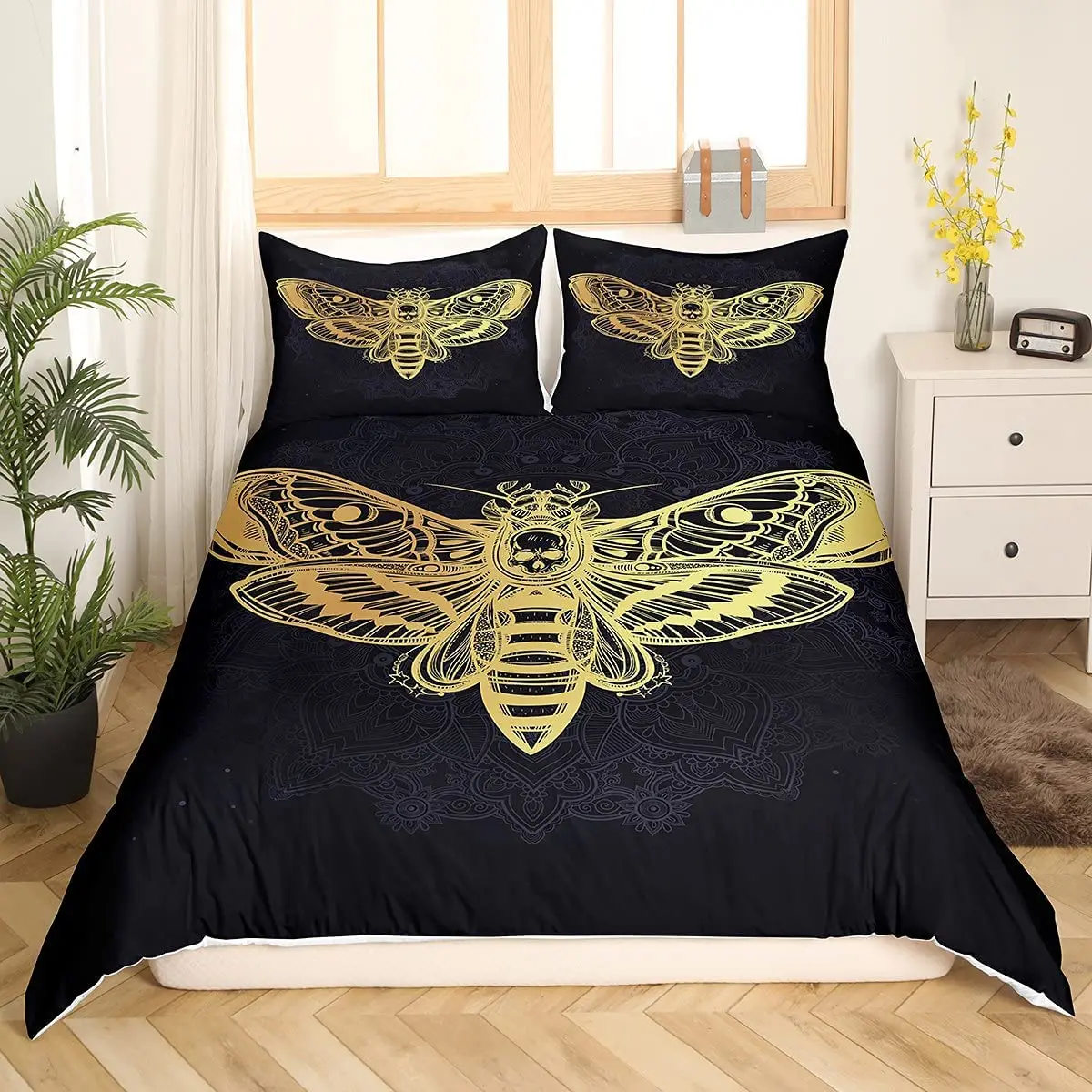 Death Moth Duvet Cover Set King Queen Full Twin Size Galaxy Sun and Moon Polyester Comforter Cover Boho Gothic Skull Bedding Set