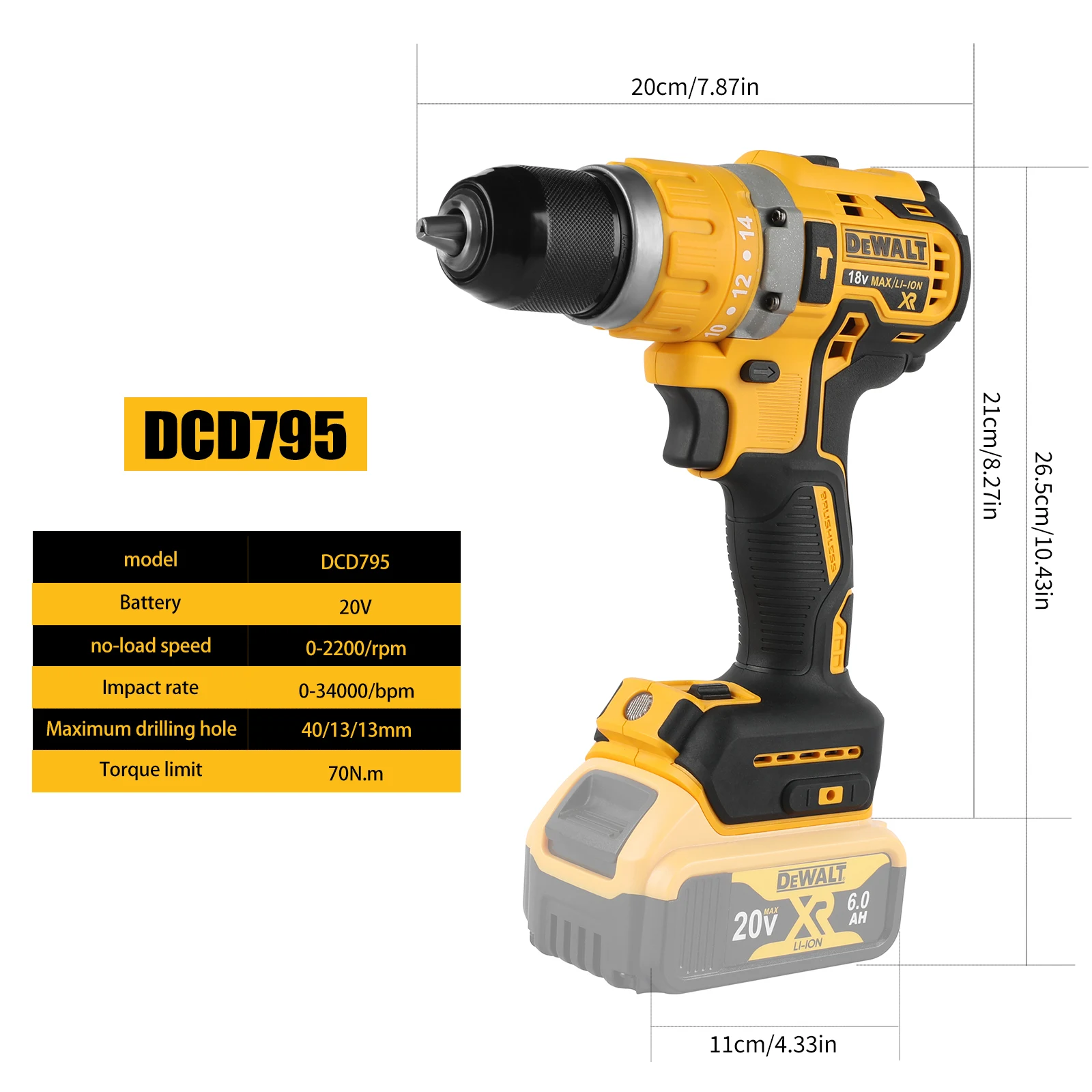 Dewalt DCD795 2000 tr/min perceuse électrique sans fil pilote sans brosse vitesse réglable perceuse à main à percussion outils électriques rechargeables