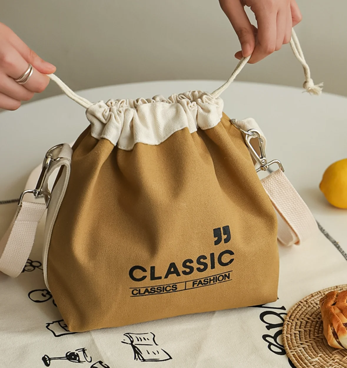 Japanische Lunchtasche aus robustem Canvas für die Arbeit, hält Speisen warm und frisch, tragbar für Studenten, multifunktionale Tragetasche. – Detail 11
