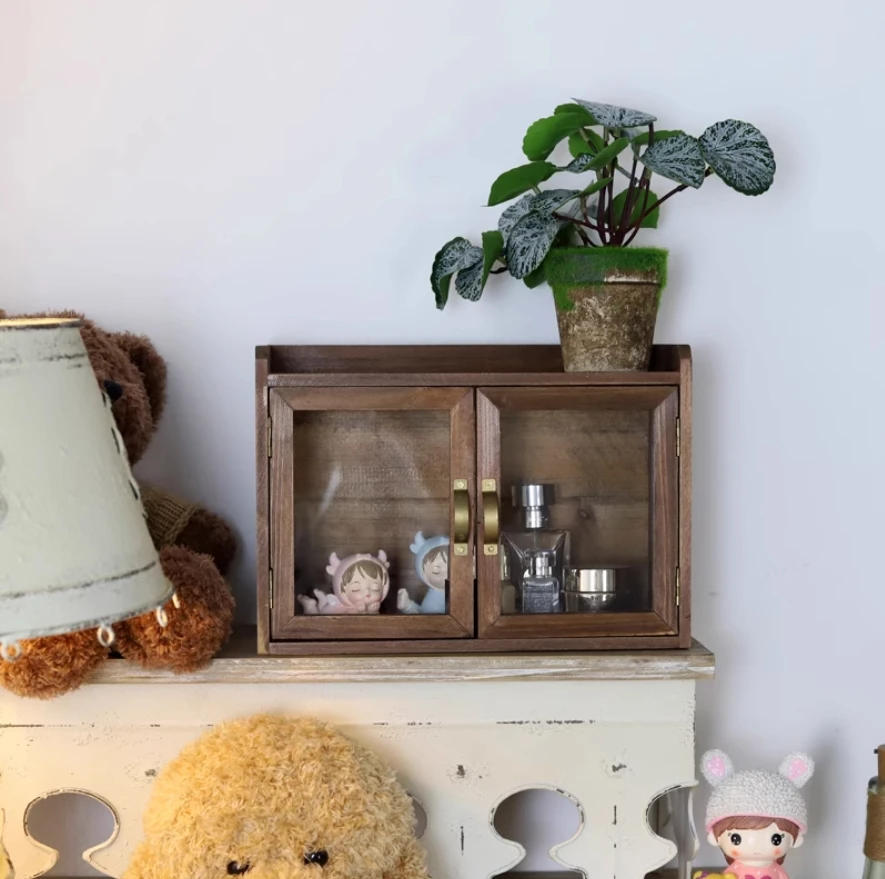 Handmade Farm Tabletop Storage Wood Box with Glass Doors