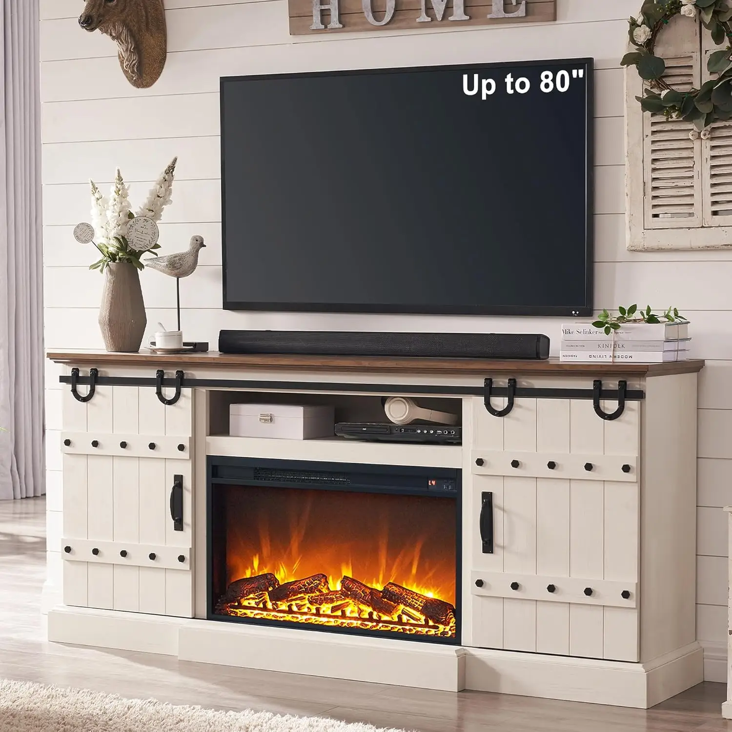 

70" Fireplace TV Stand for 75+ 80 Inch TV Farmhouse Highboy Entertainment Center 30" Electric Fireplace & Sliding Barn Doors