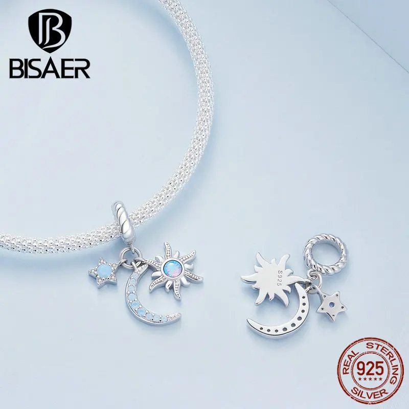 BISAER 100% 925 Sterling Silver Shining Milky Way Star Charm Openable Suitcase Pendant For Women DIY Bracelet Fine Jewelry Gift