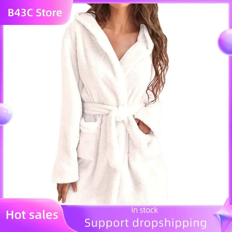 

B14C женский плюшевый халат средней длины с поясом, мягкий халат с карманами, осенне-зимняя домашняя плюшевая пижама с капюшоном