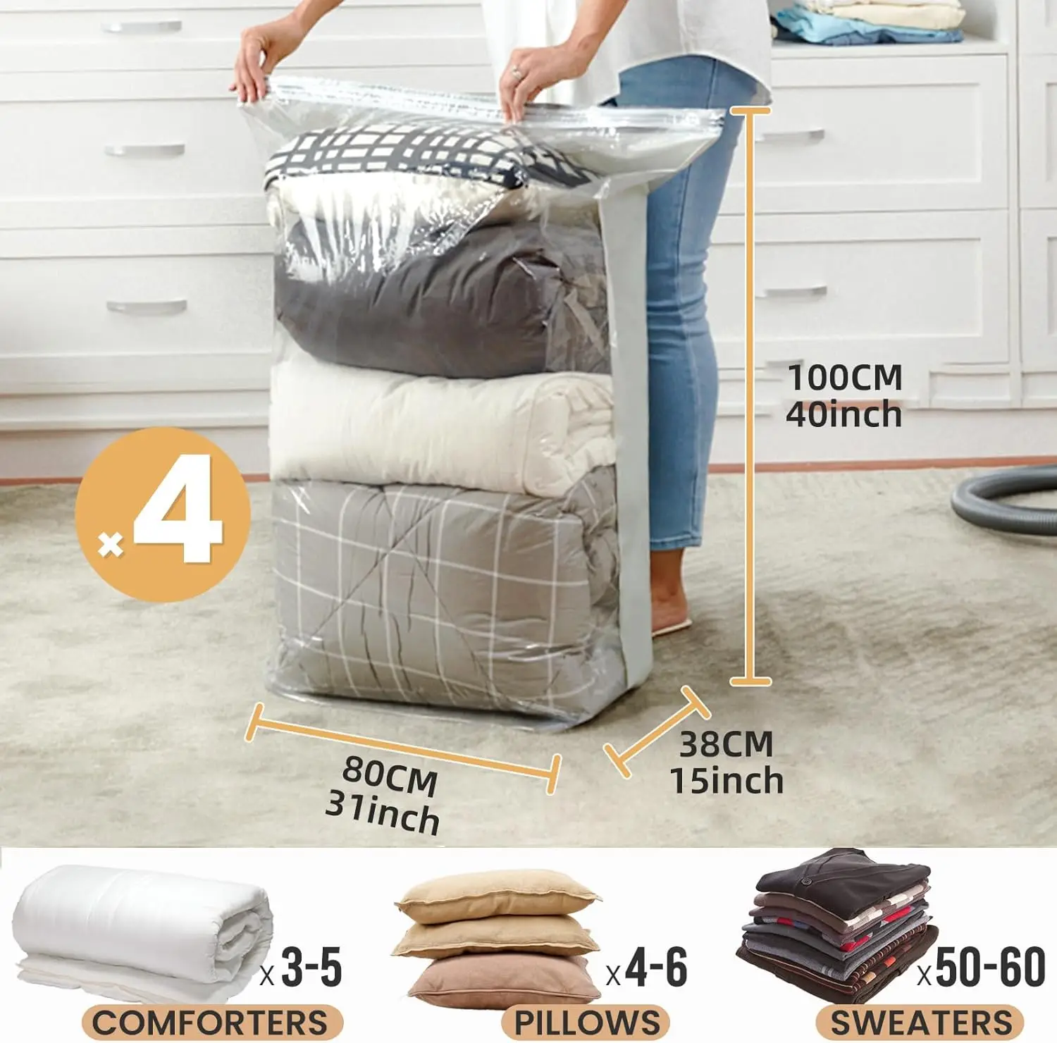Vacuum Storage Bags Vacuum Seal Bags for Clothing, Bedding, Blanket, Space Saving Closet Organization