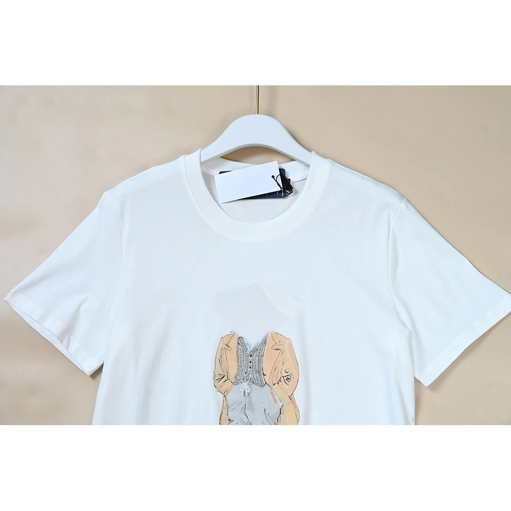 Été nouveau coton femme rond Ne ort Sve T-shirt sérigraphié décontracté Sle coupe droite longueur régulière